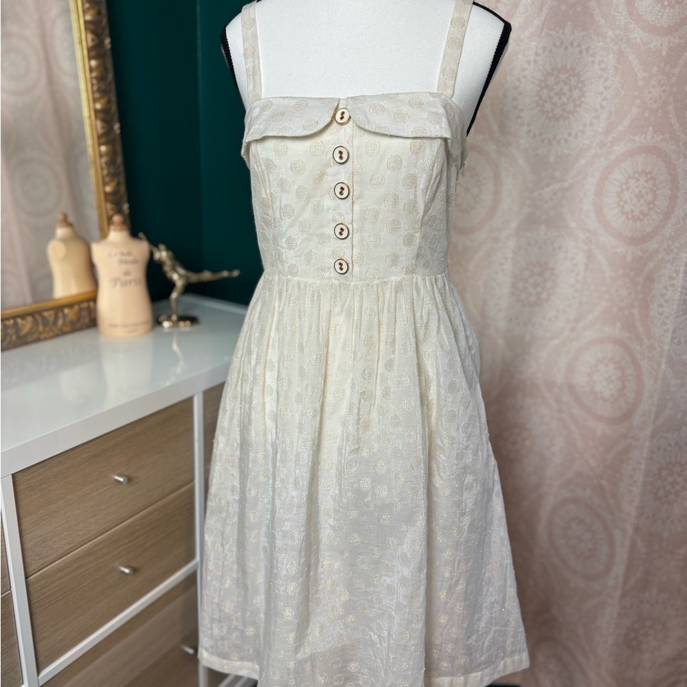 Maeve by Anthropologie Cream and Gold Metallic Midi Dress Timeless Elegance
